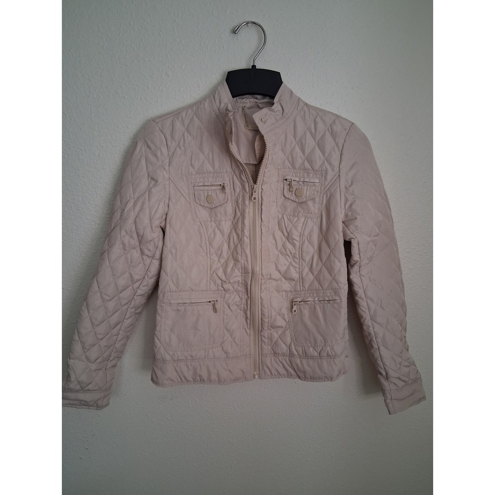 Womens Beige Quilted Lightweight Zip Front Jacket Stand Collar Utility Coat